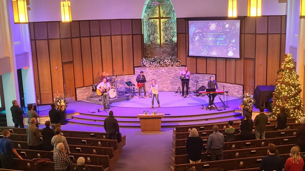 The worship band playing a song during a service.